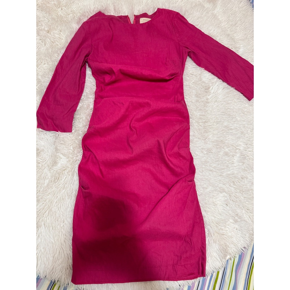 Artelier Nicole Miller Magenta Pink Ruched Sheath Dress 3/4 Sleeve Size 4